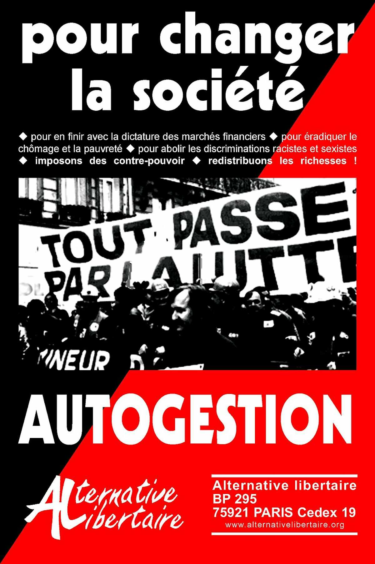 Photo d’une manifestation de mineurs dans les années 1990. Affiche d’Alternative libertaire (AL), 2000. Alternative libertaire/Wikimedia, CC BY-NC-ND